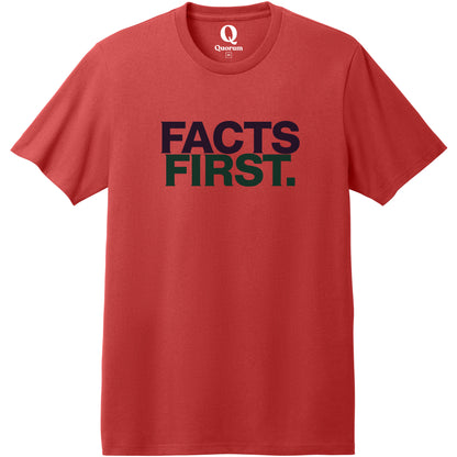 "Facts First." Quorum Heavyweight Recycled Cotton Tee front print in Beet Red