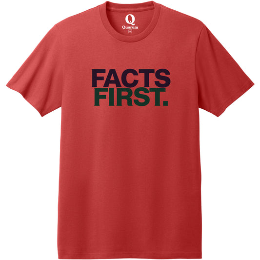 "Facts First." Quorum Heavyweight Recycled Cotton Tee front print in Beet Red