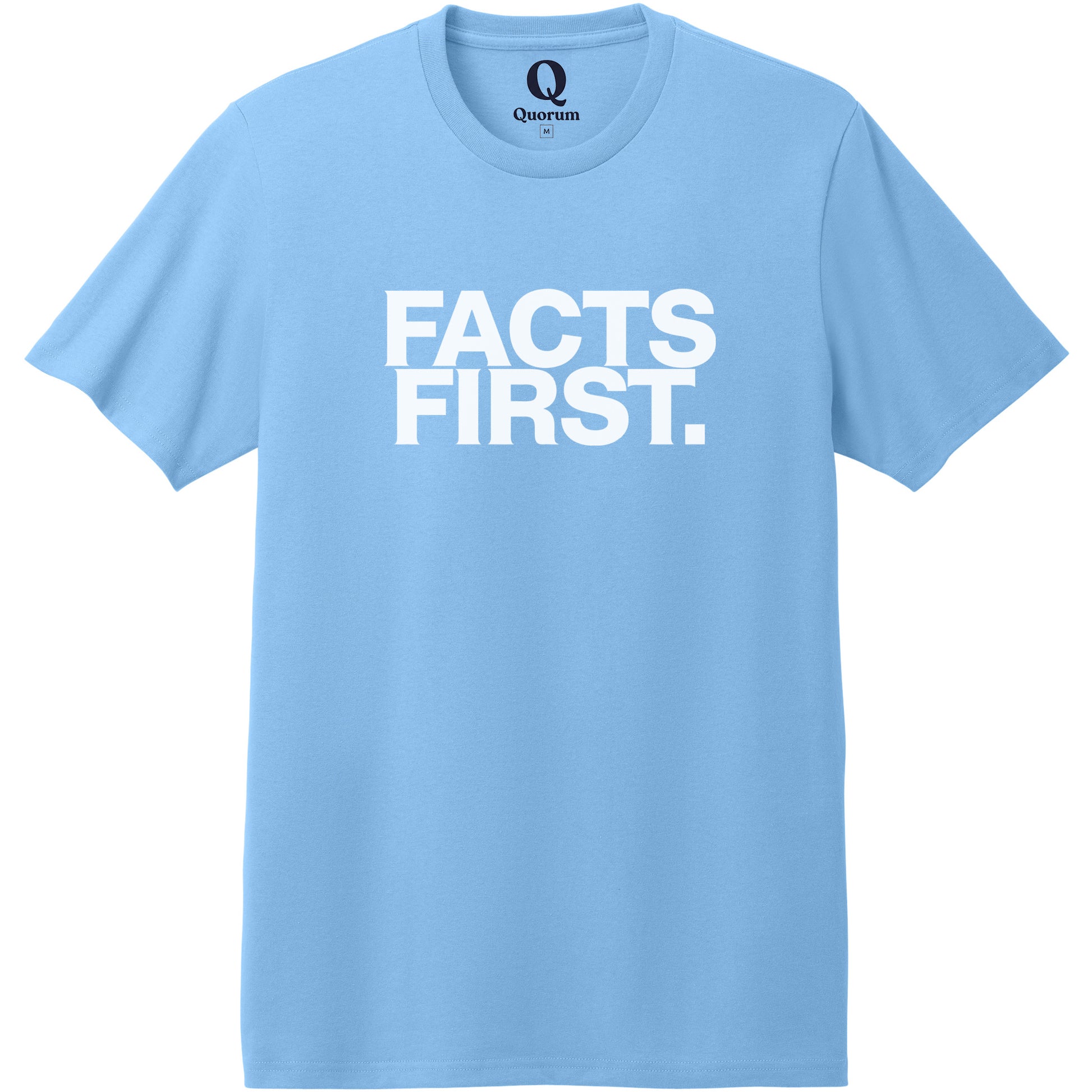 "Facts First." Quorum Heavyweight Recycled Cotton Tee editorial print in Arctic Blue