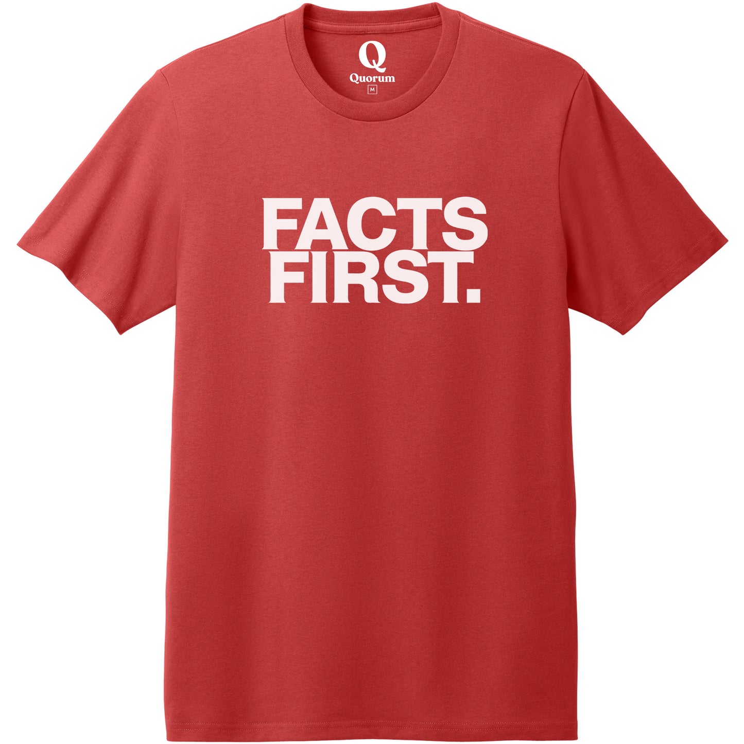 "Facts First." Quorum Heavyweight Recycled Cotton Tee editorial print in Beet Red
