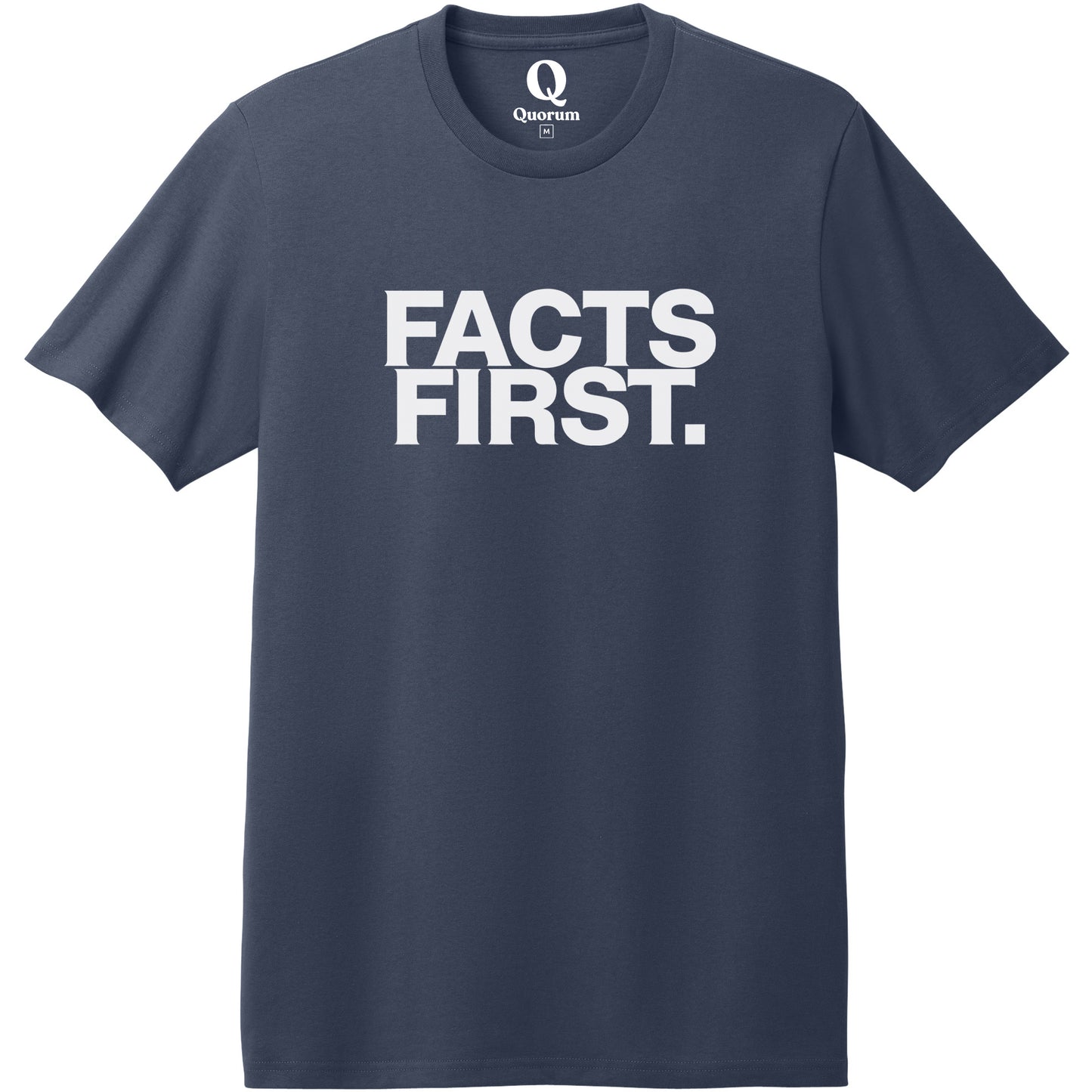 "Facts First." Quorum Heavyweight Recycled Cotton Tee editorial print in Night Sky Navy