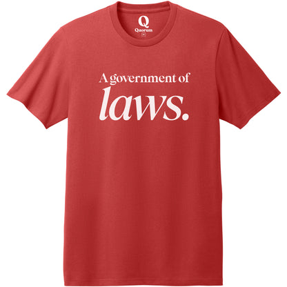 "A government of laws." Quorum Heavyweight Recycled Cotton Tee editorial print in Beet Red