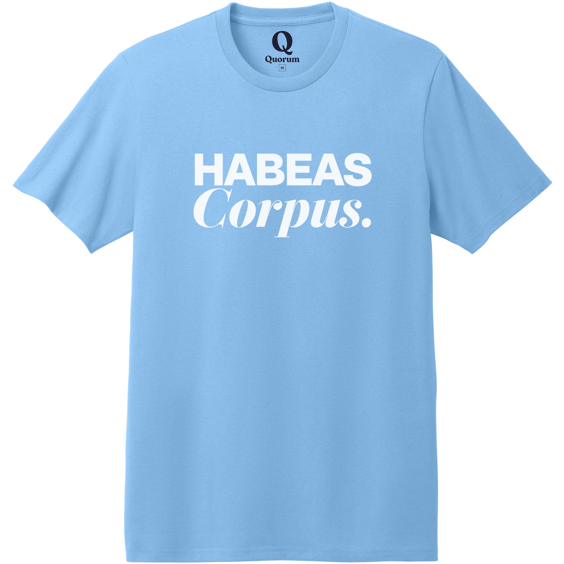 "Habeas Corpus." Quorum Heavyweight Recycled Cotton Tee editorial print in Arctic Blue