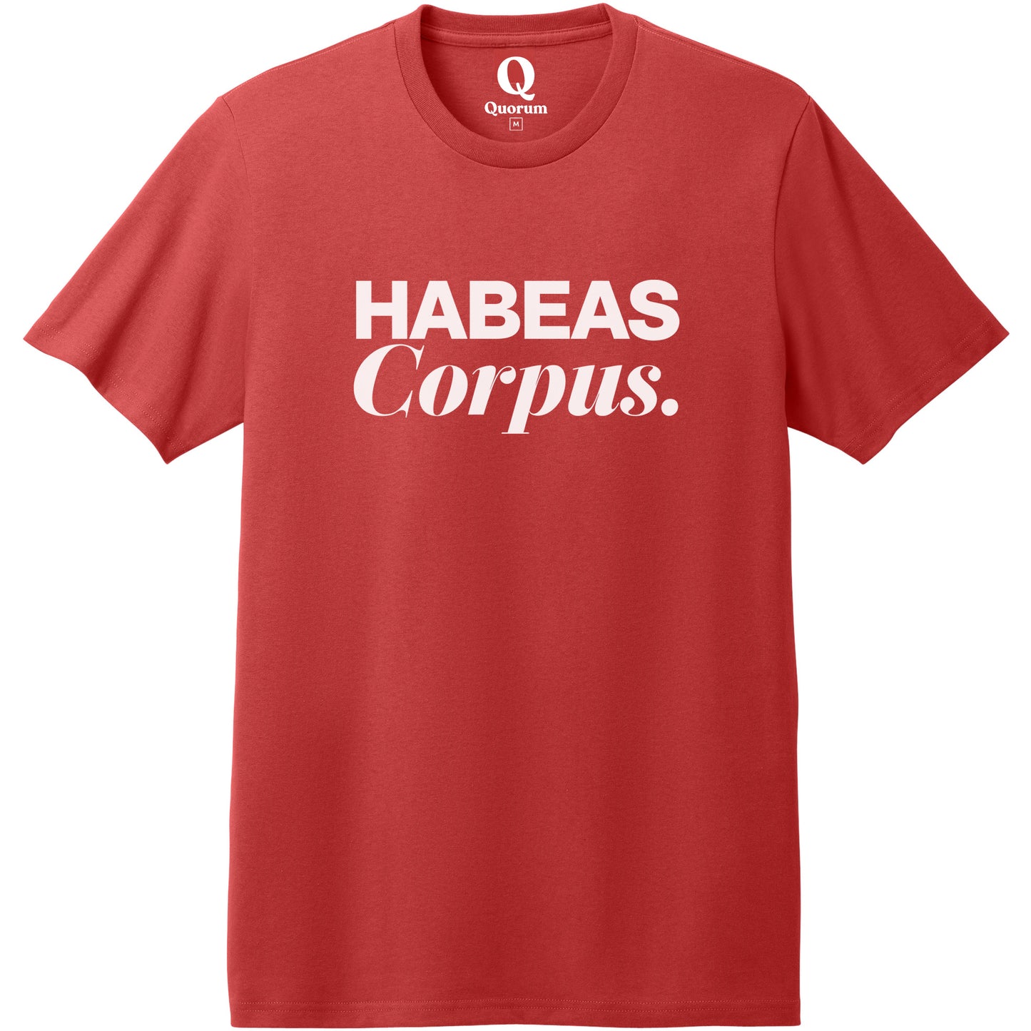 "Habeas Corpus." Quorum Heavyweight Recycled Cotton Tee editorial print in Beet Red