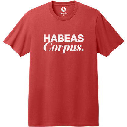 "Habeas Corpus." Quorum Heavyweight Recycled Cotton Tee editorial print in Beet Red
