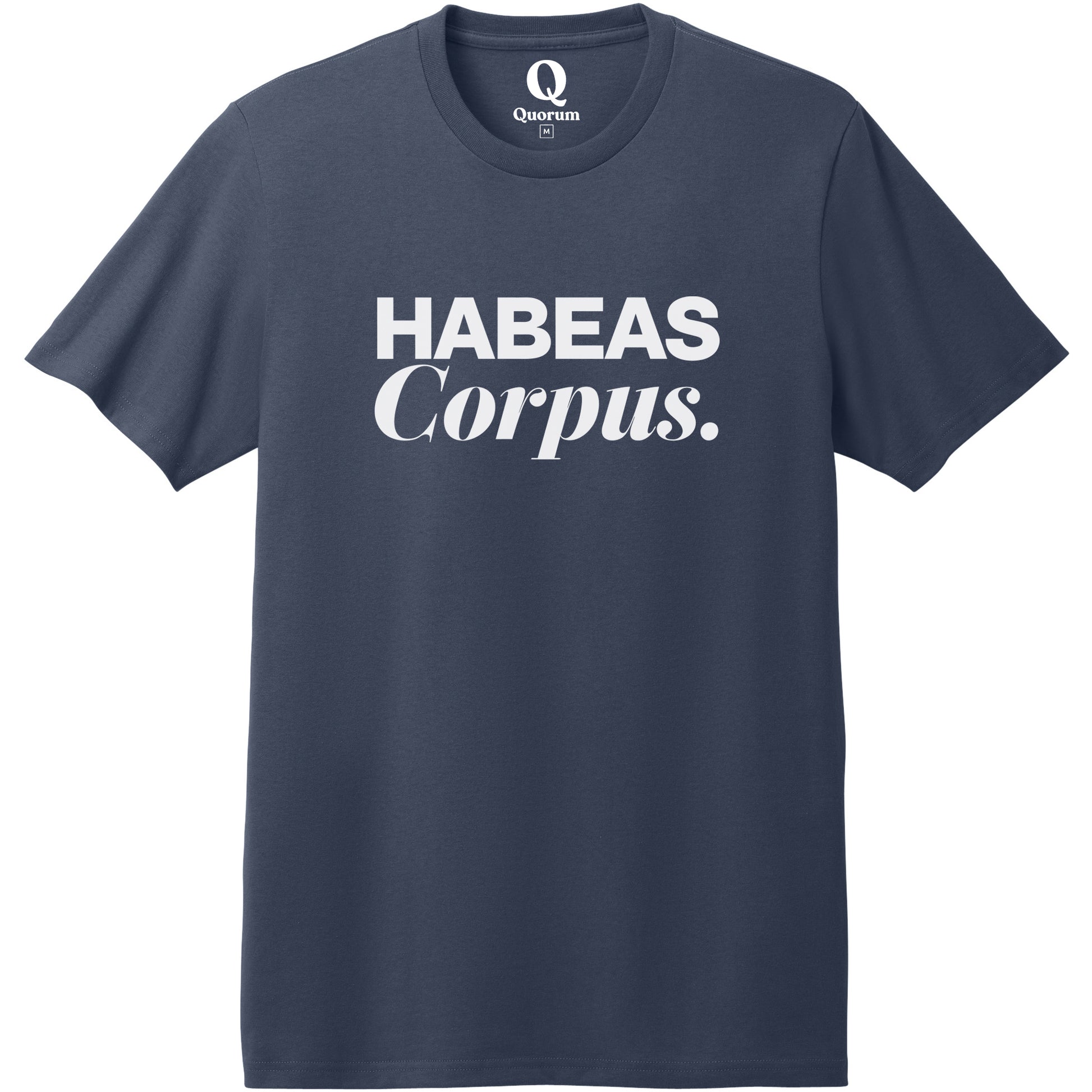 "Habeas Corpus." Quorum Heavyweight Recycled Cotton Tee editorial print in Night Sky Navy