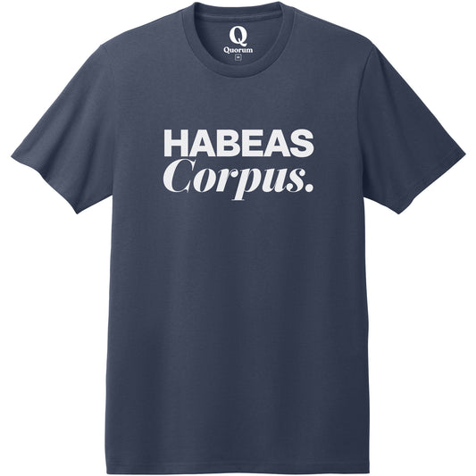 "Habeas Corpus." Quorum Heavyweight Recycled Cotton Tee editorial print in Night Sky Navy