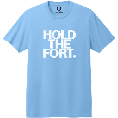 "Hold the Fort." Quorum Heavyweight Recycled Cotton Tee editorial print in Arctic Blue