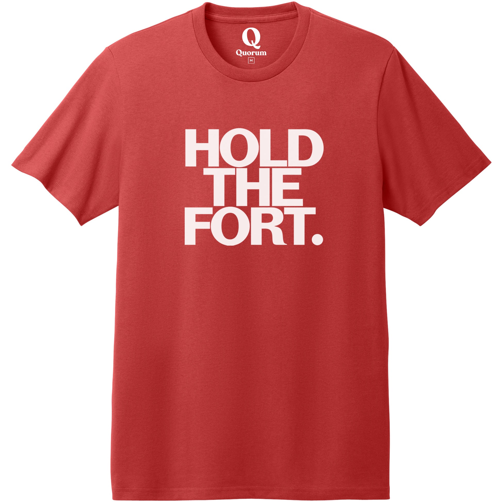 "Hold the Fort." Quorum Heavyweight Recycled Cotton Tee editorial print in Beet Red