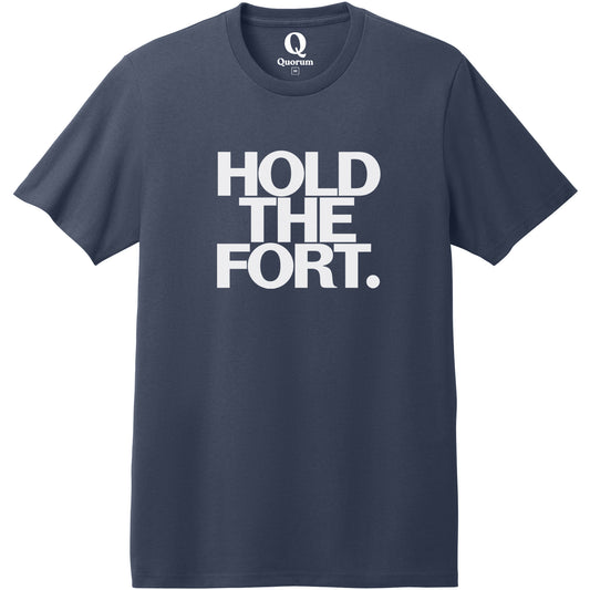 "Hold the Fort." Quorum Heavyweight Recycled Cotton Tee editorial print in Night Sky Navy