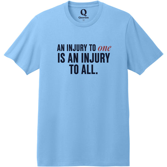 "An injury to one is an injury to all." Quorum Heavyweight Recycled Cotton Tee front print in Arctic Blue