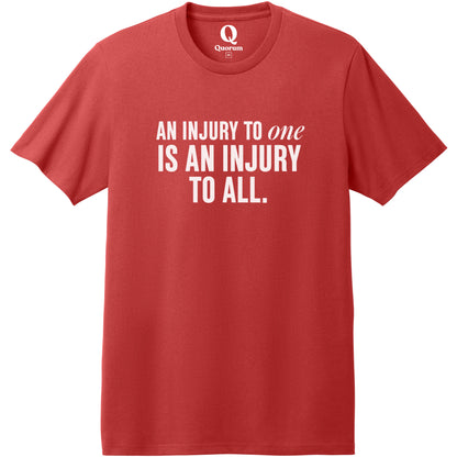 "An injury to one is an injury to all." Quorum Heavyweight Recycled Cotton Tee editorial print in Beet Red