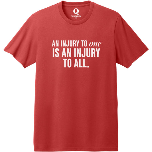 "An injury to one is an injury to all." Quorum Heavyweight Recycled Cotton Tee editorial print in Beet Red