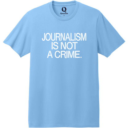 "Journalism is not a crime." Quorum Heavyweight Recycled Cotton Tee editorial print in Arctic Blue