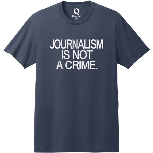 "Journalism is not a crime." Quorum Heavyweight Recycled Cotton Tee editorial print in Night Sky Navy