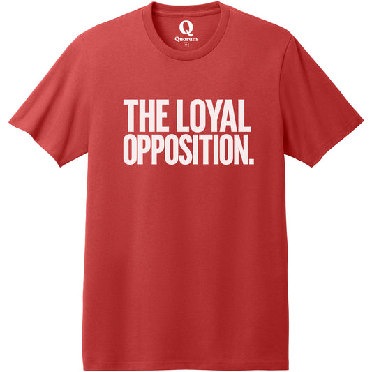 "The Loyal Opposition." Quorum Heavyweight Recycled Cotton Tee editorial print in Beet Red