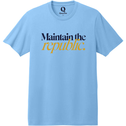 "Maintain the republic." Quorum Heavyweight Recycled Cotton Tee front print in Arctic Blue