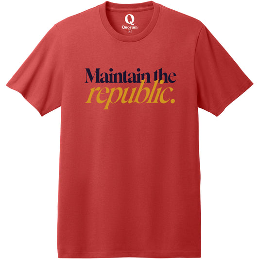 "Maintain the republic." Quorum Heavyweight Recycled Cotton Tee front print in Beet Red