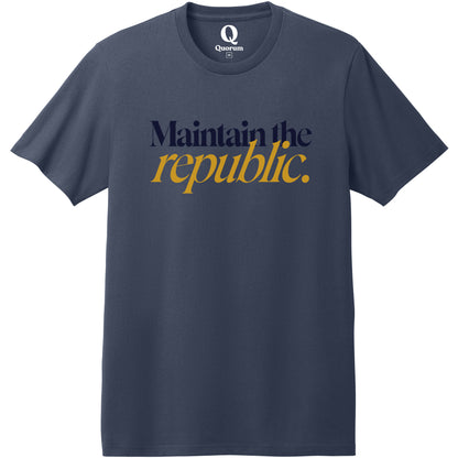 "Maintain the republic." Quorum Heavyweight Recycled Cotton Tee front print in Night Sky Navy
