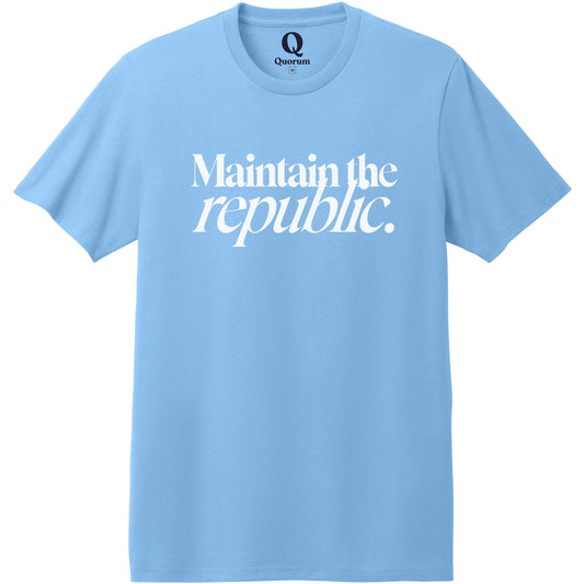 "Maintain the republic." Quorum Heavyweight Recycled Cotton Tee editorial print in Arctic Blue