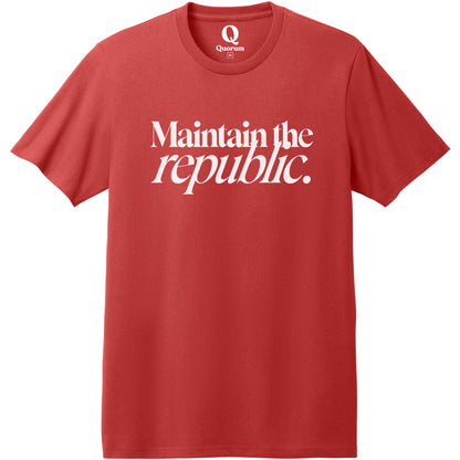 "Maintain the republic." Quorum Heavyweight Recycled Cotton Tee editorial print in Beet Red