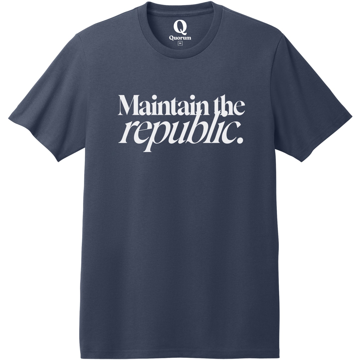 "Maintain the republic." Quorum Heavyweight Recycled Cotton Tee editorial print in Night Sky Navy