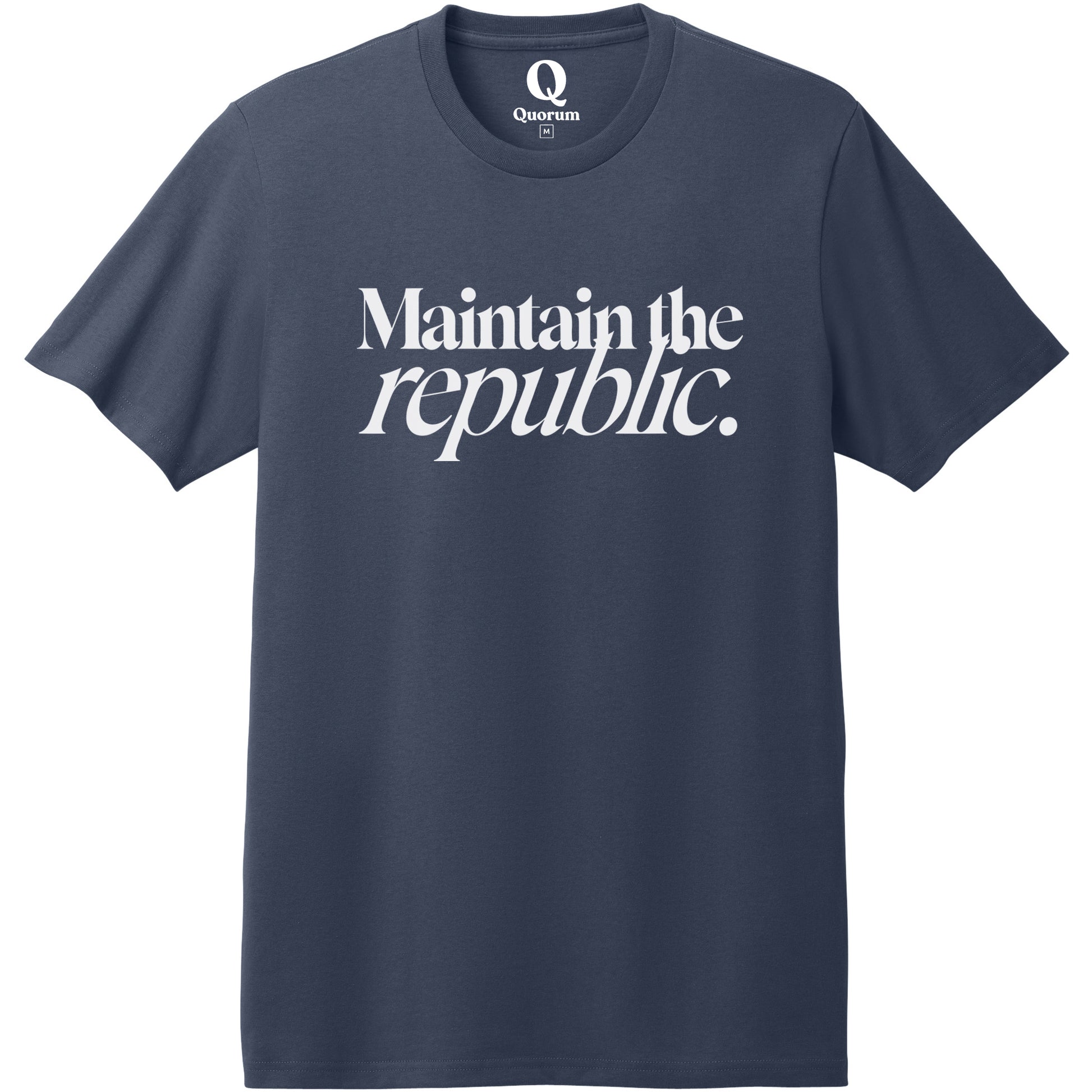 "Maintain the republic." Quorum Heavyweight Recycled Cotton Tee editorial print in Night Sky Navy