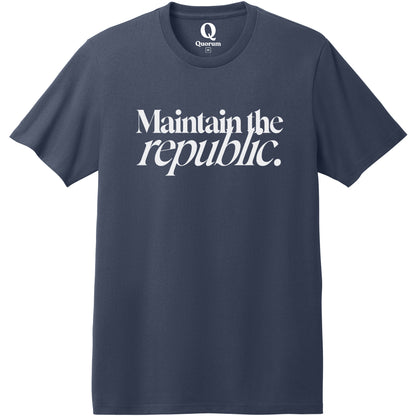 "Maintain the republic." Quorum Heavyweight Recycled Cotton Tee editorial print in Night Sky Navy