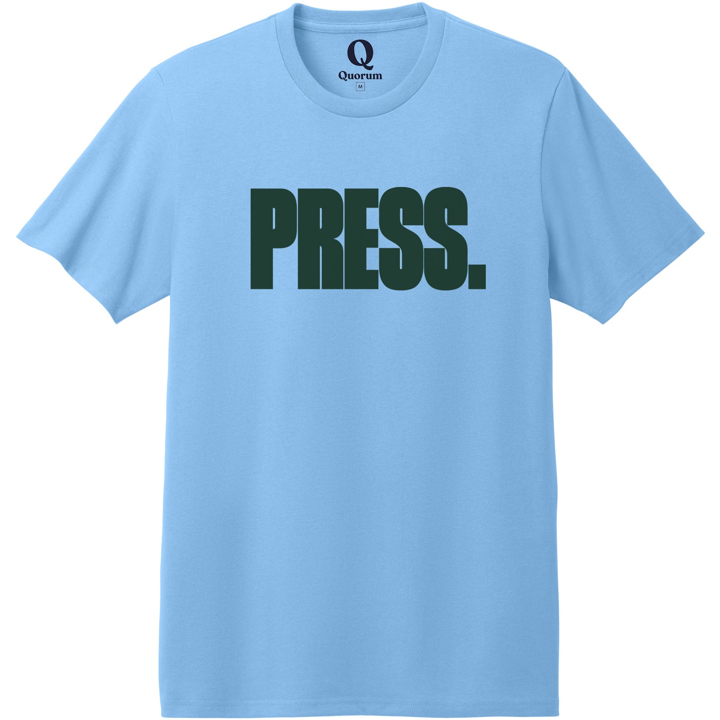 "Press." Quorum Heavyweight Recycled Cotton Tee front print in Arctic Blue