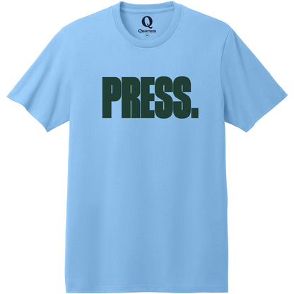 "Press." Quorum Heavyweight Recycled Cotton Tee front print in Arctic Blue