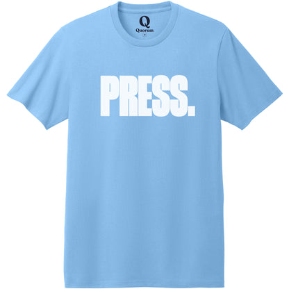 "Press." Quorum Heavyweight Recycled Cotton Tee editorial print in Arctic Blue
