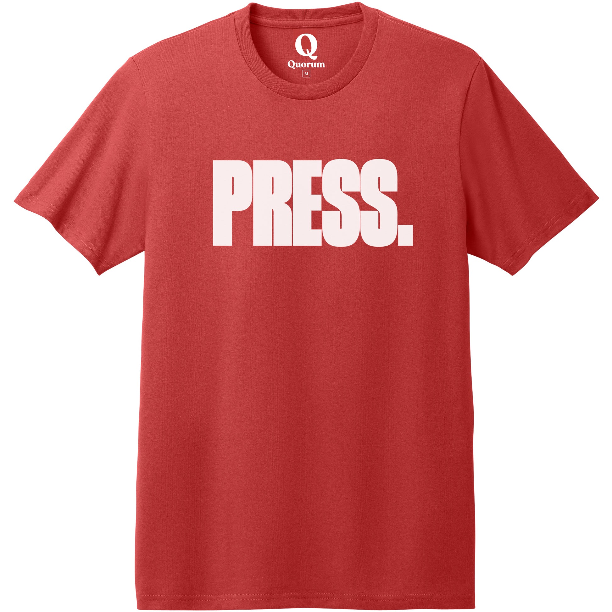 "Press." Quorum Heavyweight Recycled Cotton Tee editorial print in Beet Red
