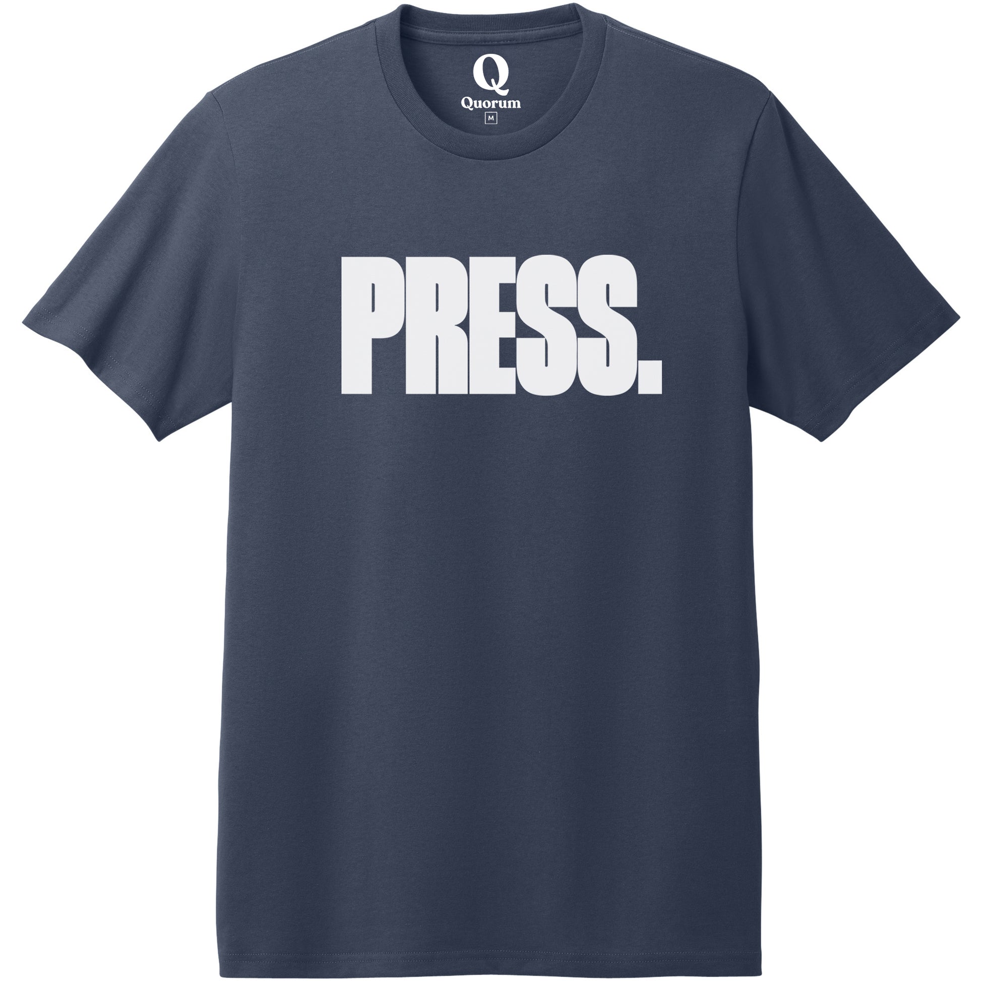 "Press." Quorum Heavyweight Recycled Cotton Tee editorial print in Night Sky Navy