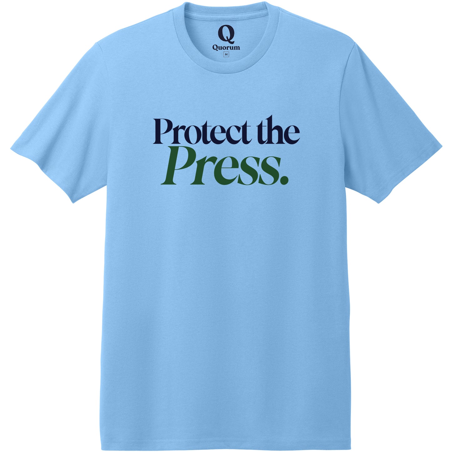 "Protect the Press." Quorum Heavyweight Recycled Cotton Tee front print in Arctic Blue
