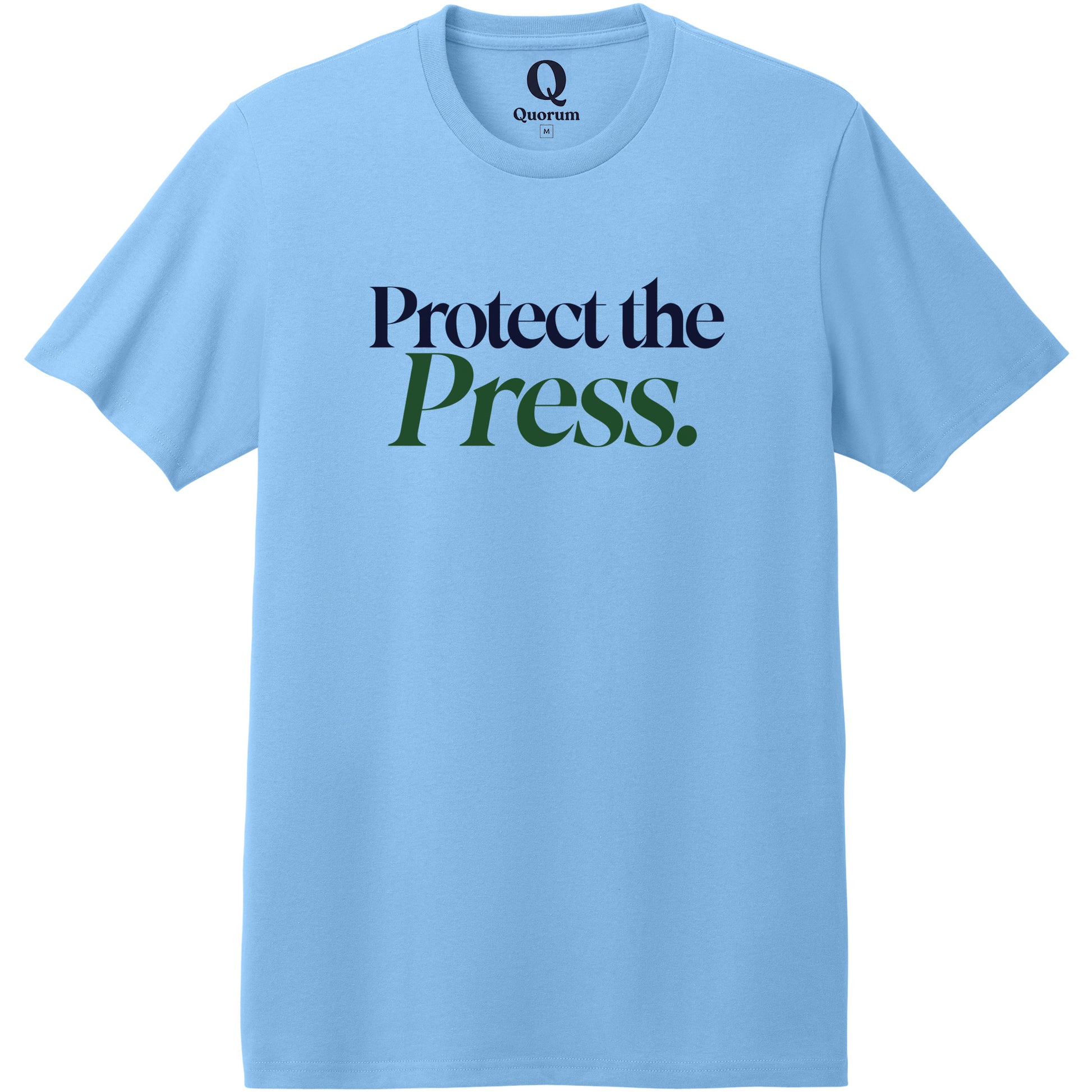 "Protect the Press." Quorum Heavyweight Recycled Cotton Tee front print in Arctic Blue
