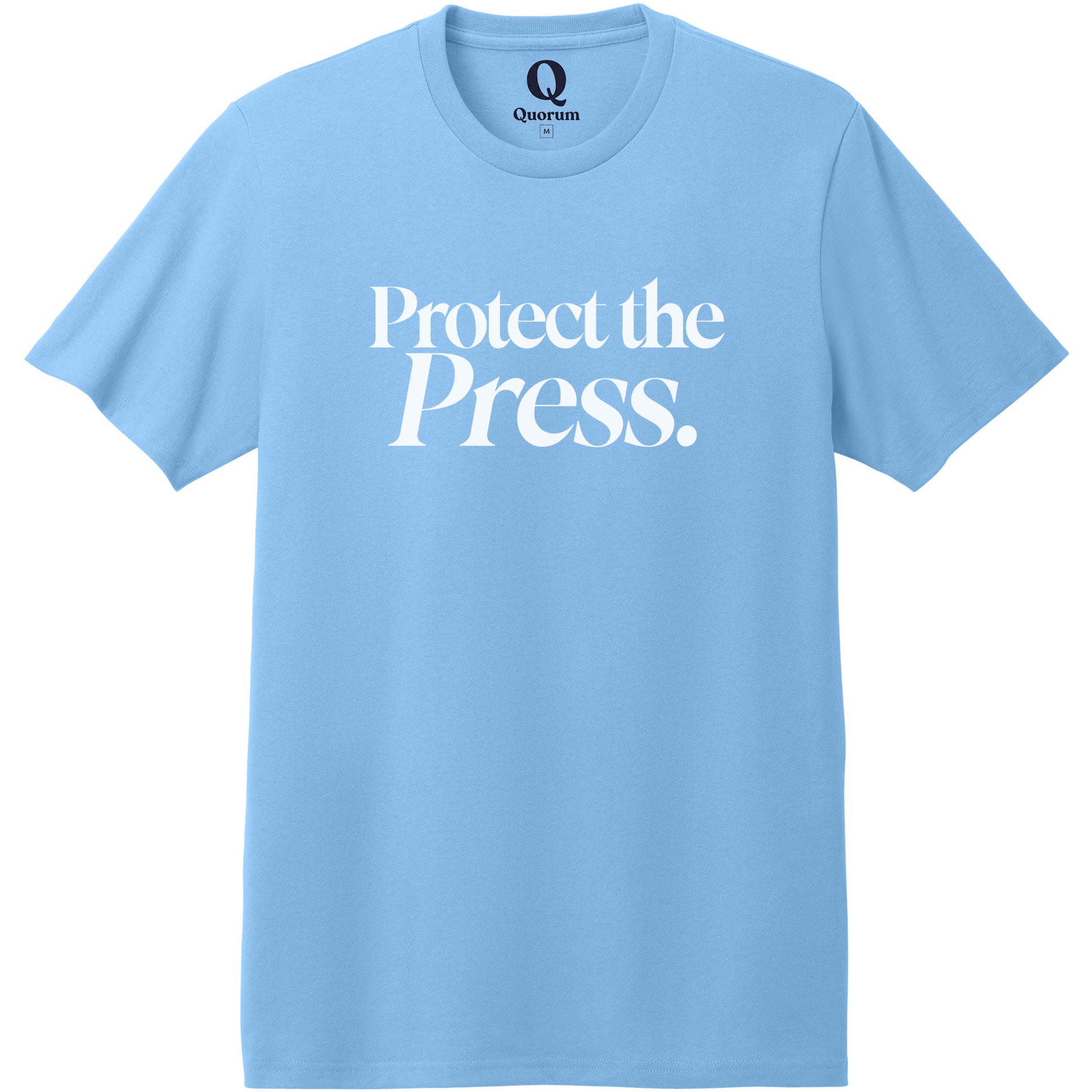 "Protect the Press." Quorum Heavyweight Recycled Cotton Tee editorial print in Arctic Blue