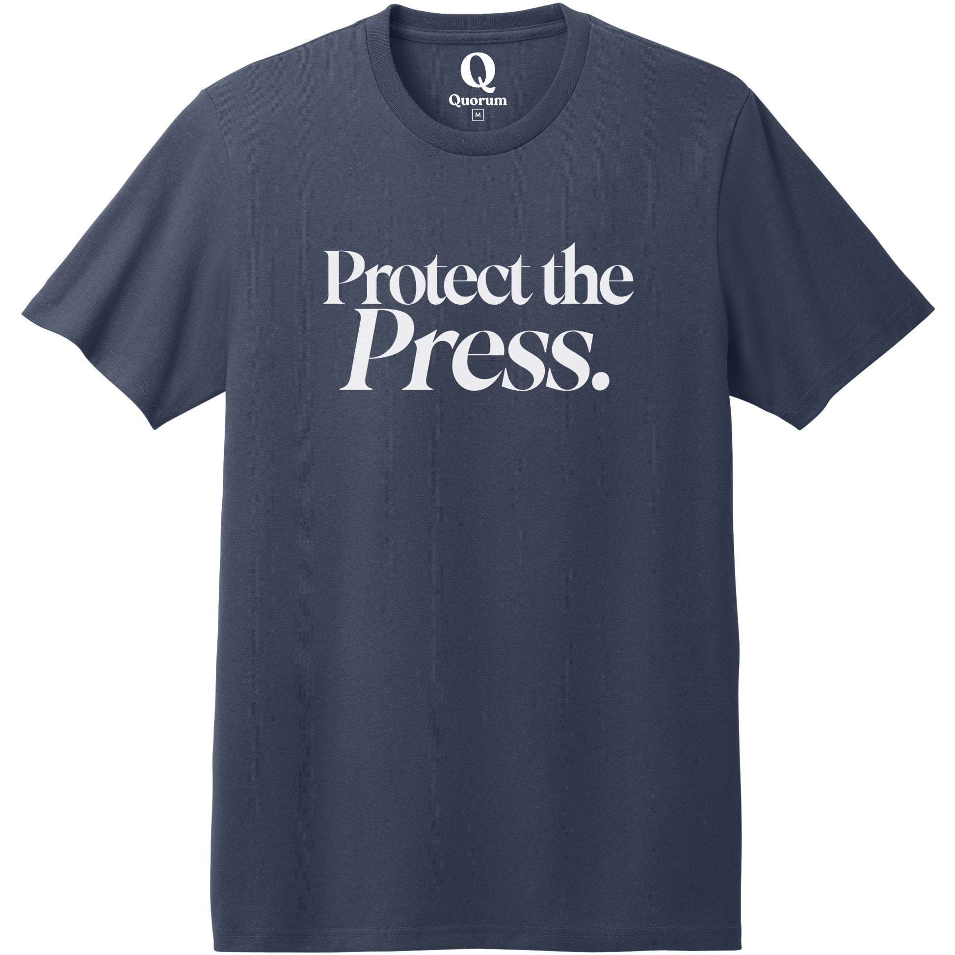 "Protect the Press." Quorum Heavyweight Recycled Cotton Tee editorial print in Night Sky Navy