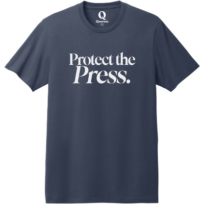 "Protect the Press." Quorum Heavyweight Recycled Cotton Tee editorial print in Night Sky Navy