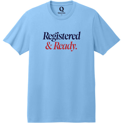 "Registered & Ready." Quorum Heavyweight Recycled Cotton Tee front print in Arctic Blue