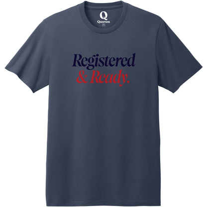 "Registered & Ready." Quorum Heavyweight Recycled Cotton Tee front print in Night Sky Navy