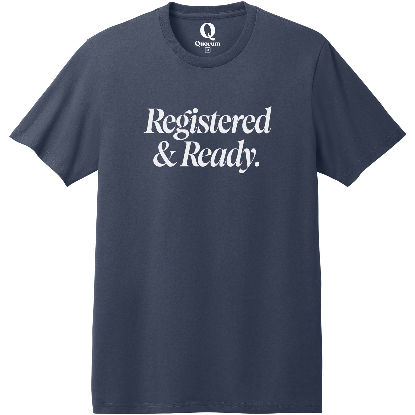 "Registered & Ready." Quorum Heavyweight Recycled Cotton Tee editorial print in Night Sky Navy