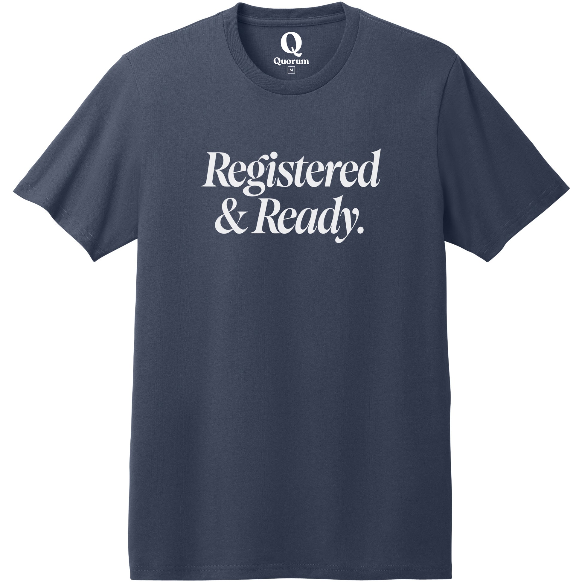 "Registered & Ready." Quorum Heavyweight Recycled Cotton Tee editorial print in Night Sky Navy