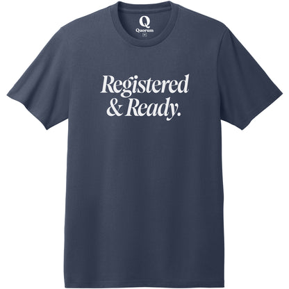 "Registered & Ready." Quorum Heavyweight Recycled Cotton Tee editorial print in Night Sky Navy