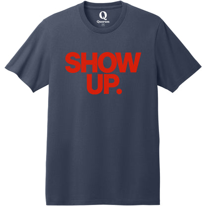 "Show up. Stand up. Suit up." Quorum Heavyweight Recycled Cotton Tee front print in Night Sky Navy