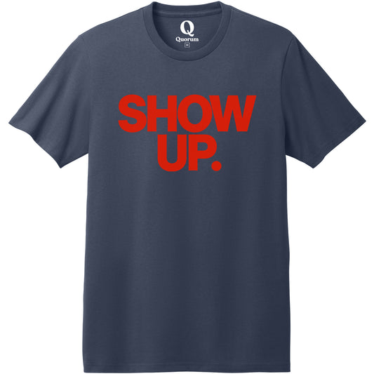 "Show up. Stand up. Suit up." Quorum Heavyweight Recycled Cotton Tee front print in Night Sky Navy