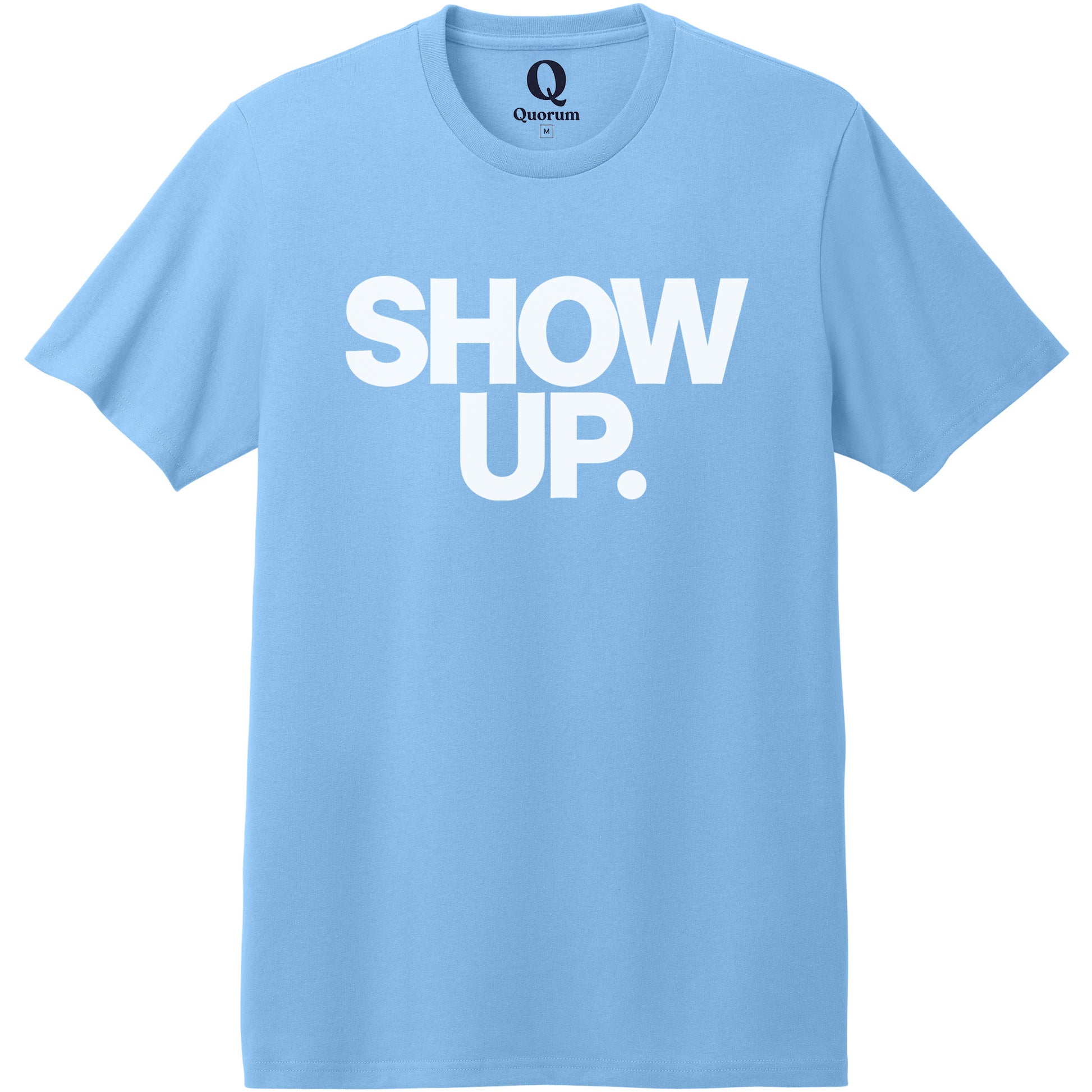 "Show up. Stand up. Suit up." Quorum Heavyweight Recycled Cotton Tee editorial print in Arctic Blue