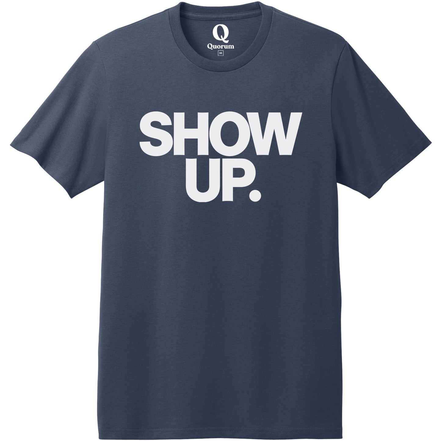 "Show up. Stand up. Suit up." Quorum Heavyweight Recycled Cotton Tee editorial print in Night Sky Navy