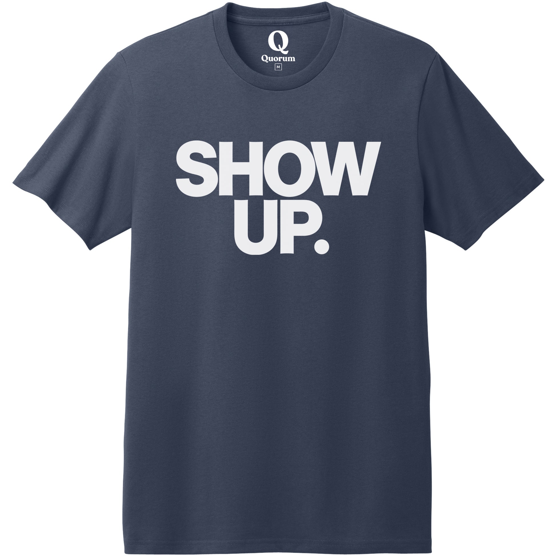 "Show up. Stand up. Suit up." Quorum Heavyweight Recycled Cotton Tee editorial print in Night Sky Navy