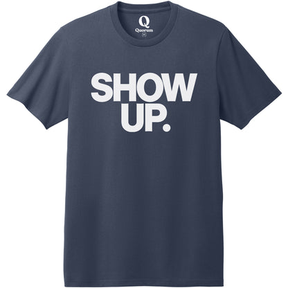 "Show up. Stand up. Suit up." Quorum Heavyweight Recycled Cotton Tee editorial print in Night Sky Navy