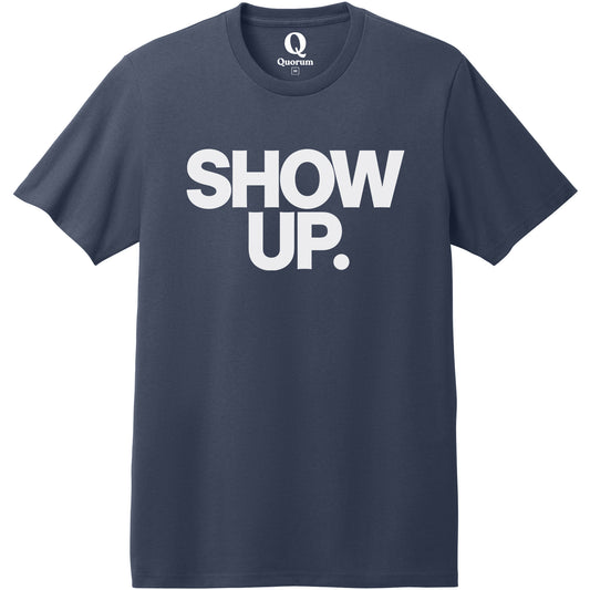 "Show up. Stand up. Suit up." Quorum Heavyweight Recycled Cotton Tee editorial print in Night Sky Navy